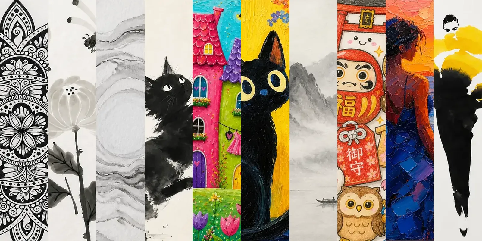 Ten of the arts you learn: mandala, sumi-e, suminagashi, ink cats, whimsical scenes, acrylic cats, Chinese ink, Japanese doodling, palette knife and fashion watercolor